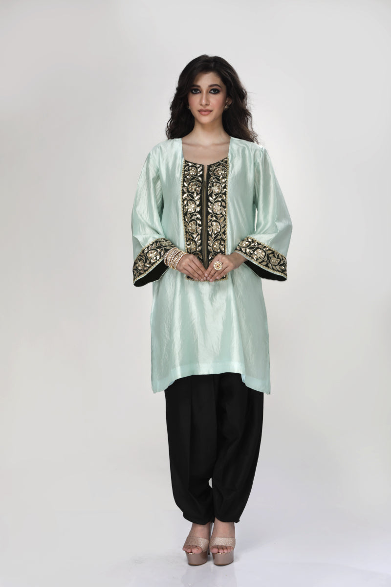 Powder Blue Dogri Kurta With Black Dhoti Salwar And Silk Organza Dupatta