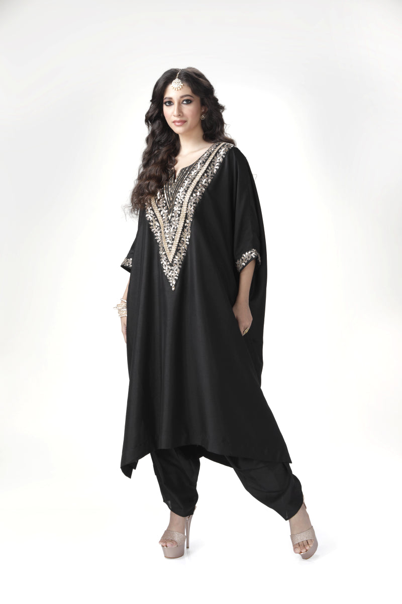 Black Blended Silk Kaftan Set With Dhoti Salwar