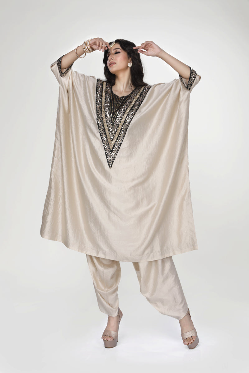 Almond Wrinkled Silk Kaftan Set With Dhoti Salwar