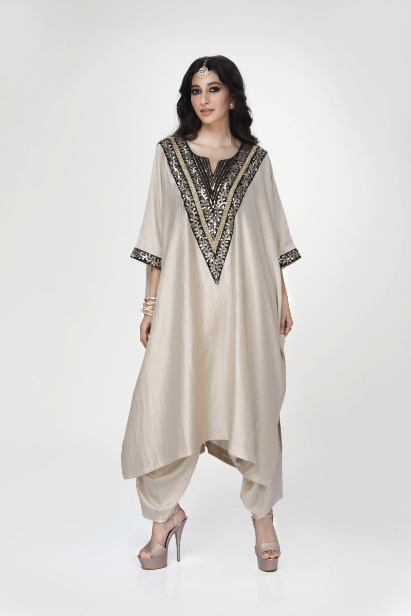 Almond Wrinkled Silk Kaftan Set With Dhoti Salwar