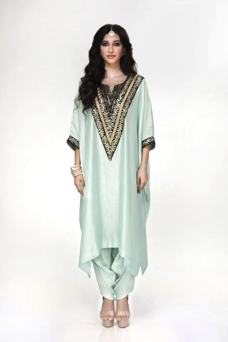 Powder Blue Wrinkled Silk Kaftan Set With Dhoti Salwar