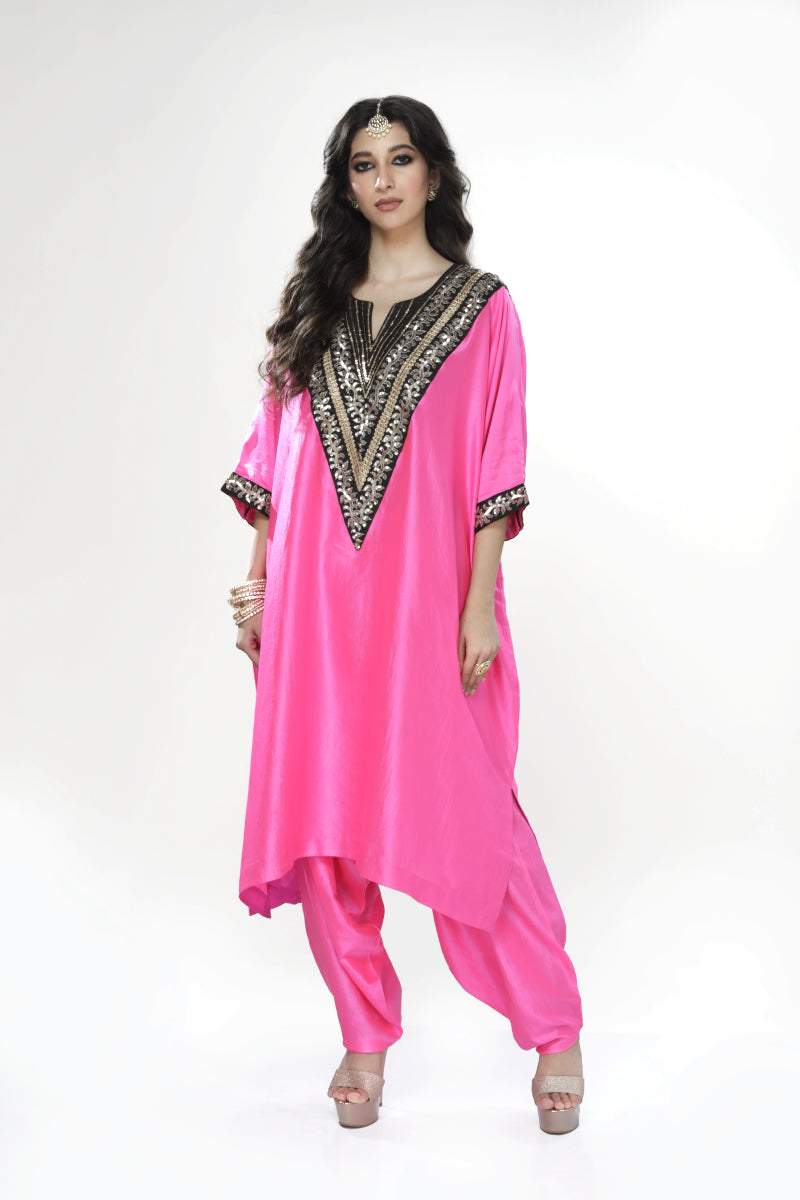 Fuschia Wrinkled Silk Kaftan Set With Dhoti Salwar