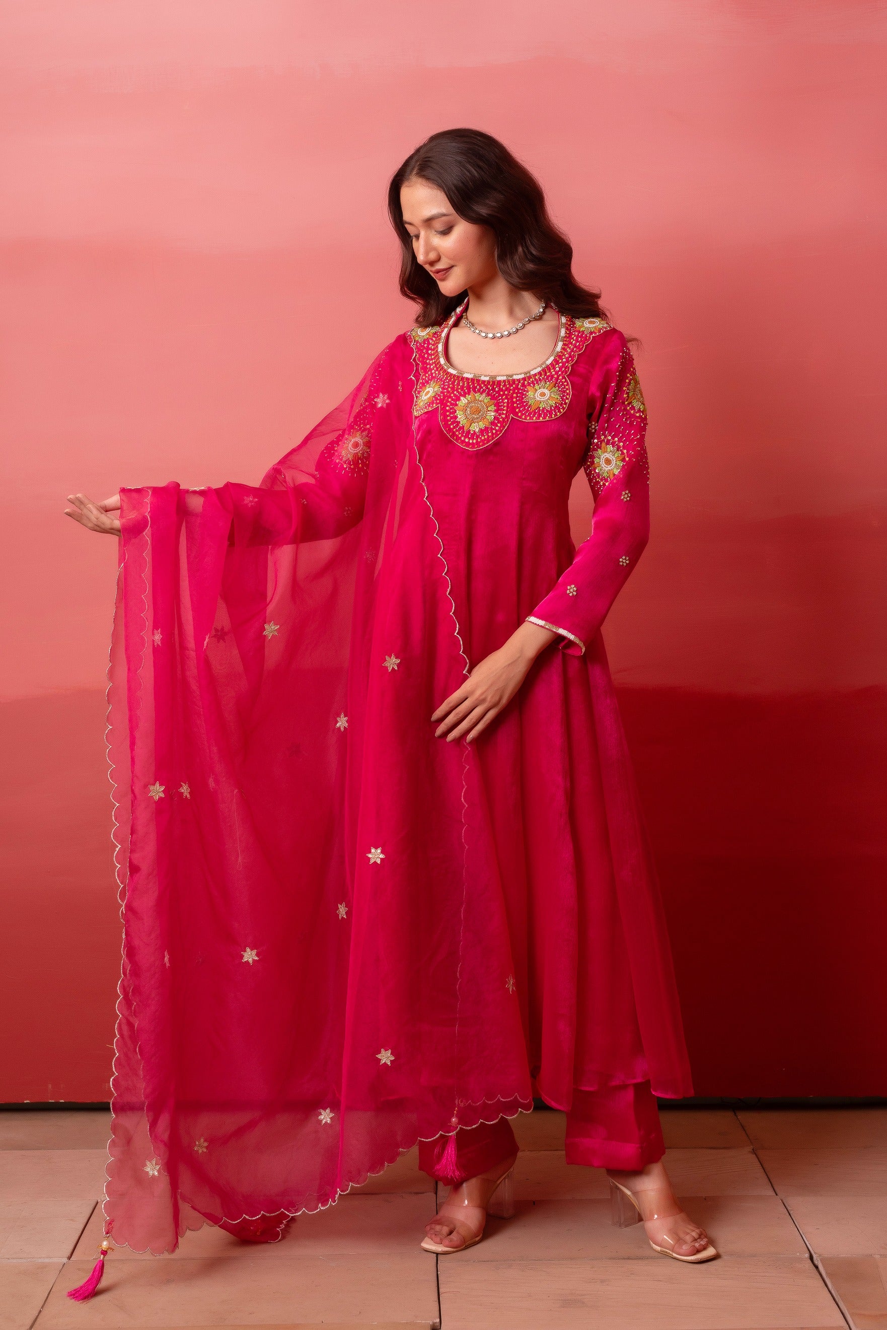 Rani Organza Handwork Anarkali Set With Organza Dupatta