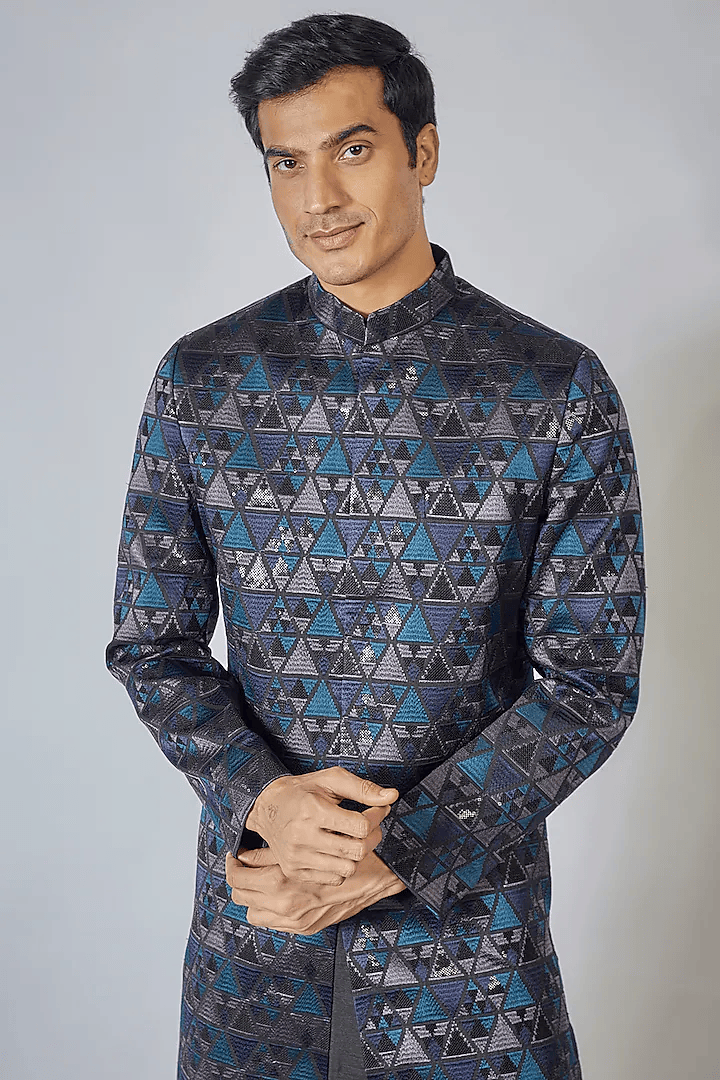 Blue Embroidered Achkan Set
