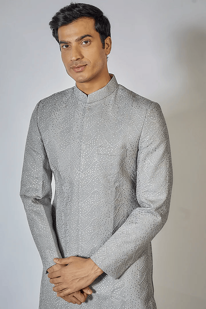 Grey Embroidered Achkan Set