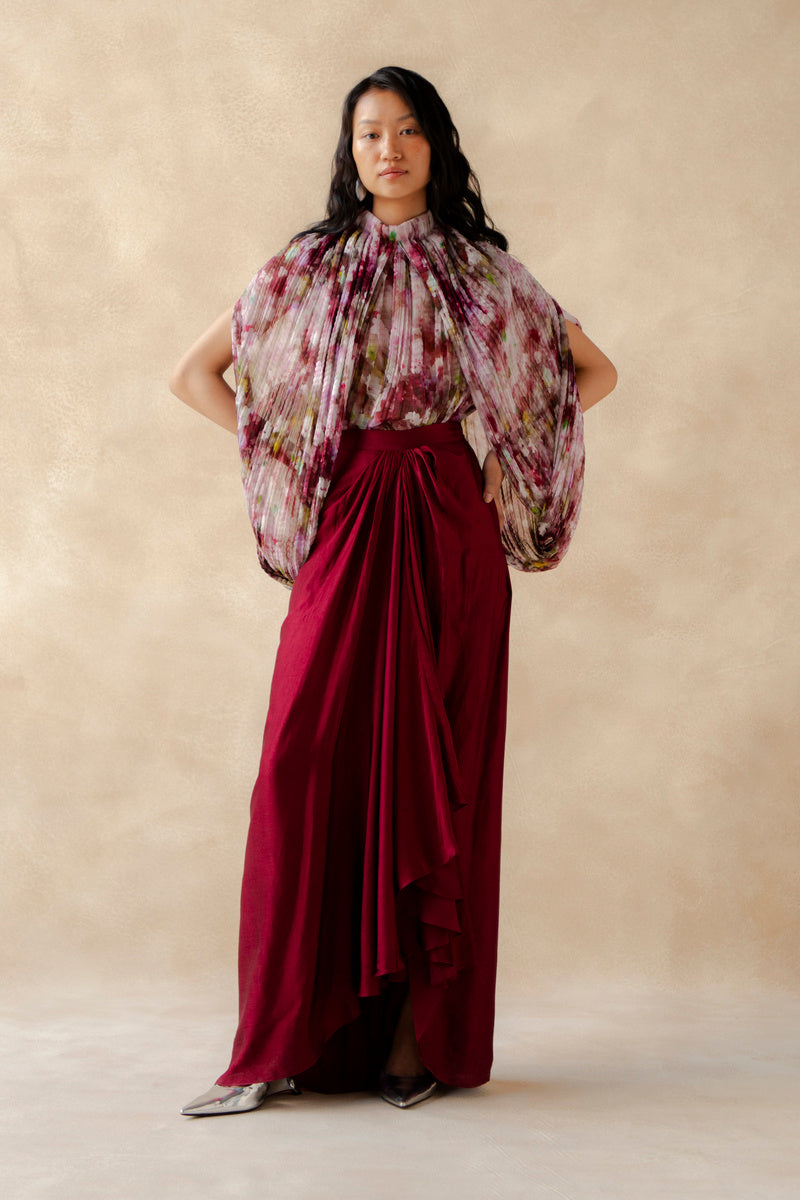 Pleated Hi Low Top With Drape Skirt