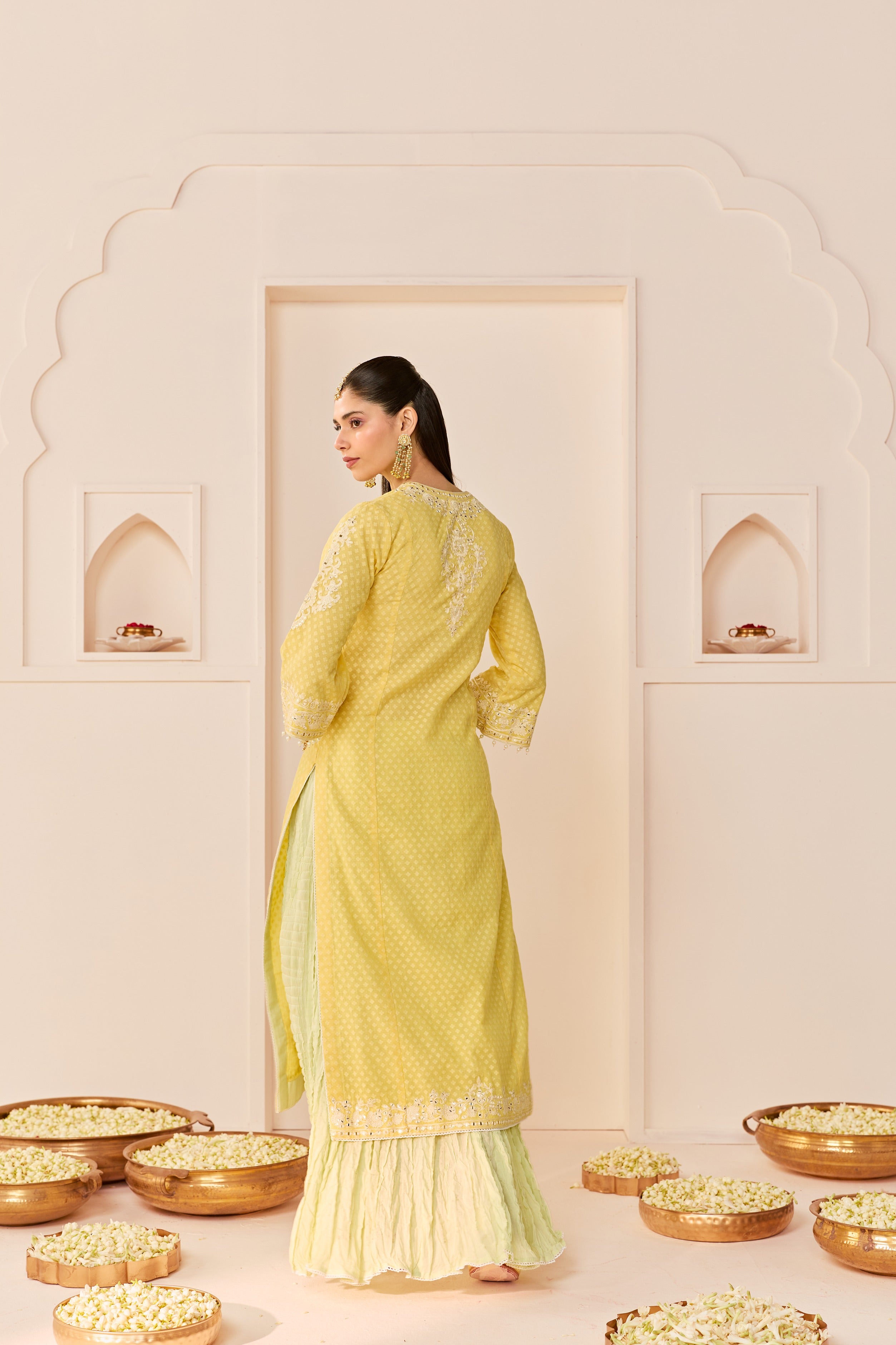RUHANI - LEMON YELLOW LONG KURTA WITH SKIRT AND DUPATTA