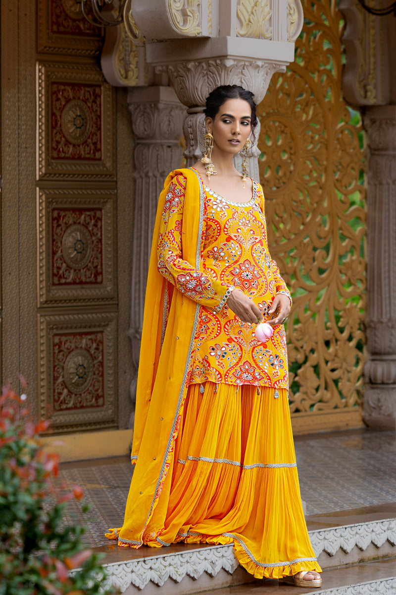 SHARARA + SHORT KURTA + DUPATTA - RUHANI YELLOW