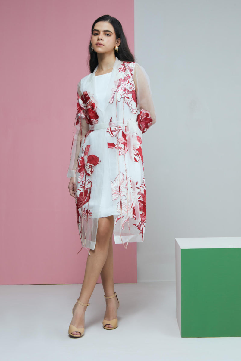 Red Bloom Applique Lapel Jacket With White Dress