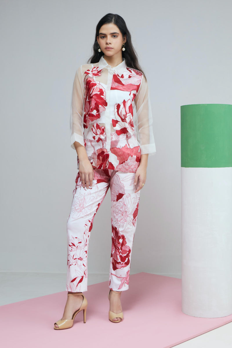 Red Bloom Applique White Organza Shirt With Bustier And Pants