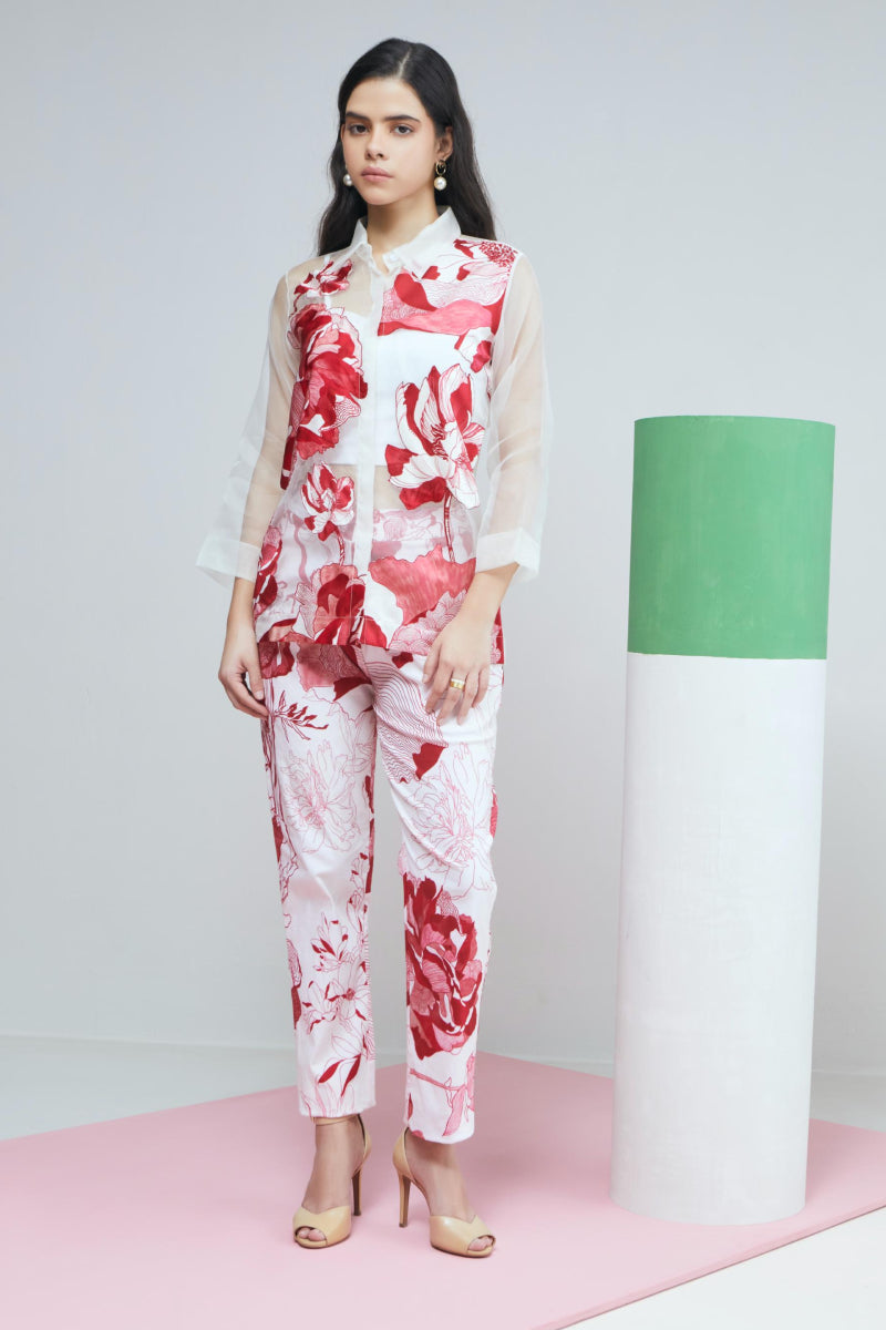 Red Bloom Applique White Organza Shirt With Bustier And Pants