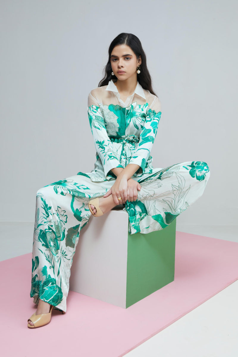 Sheer Green Bloom Print Co-Ord Set