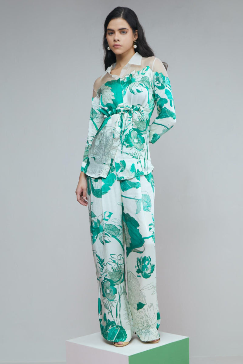 Sheer Green Bloom Print Co-Ord Set
