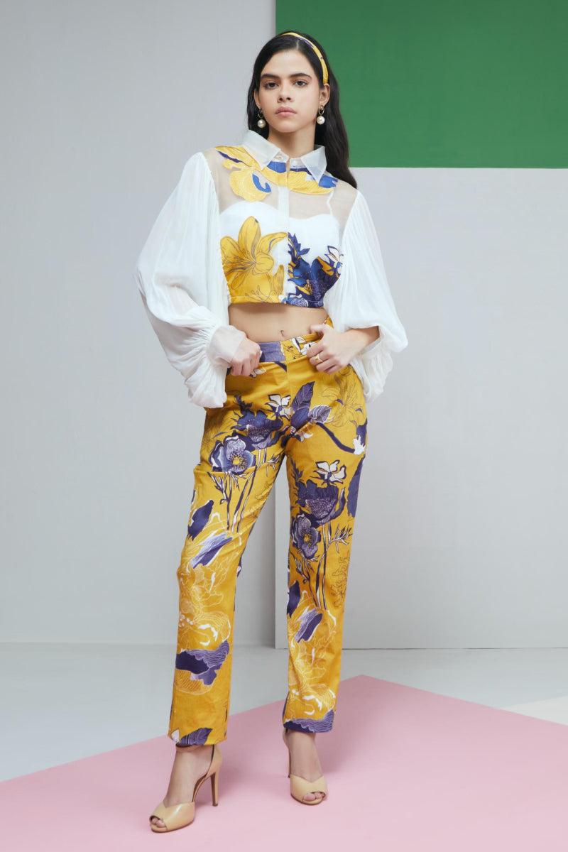 Applique Crop Shirt With Printed Pants