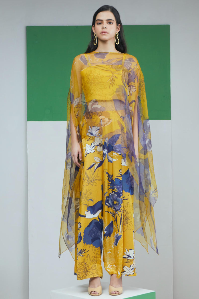 Yellow Bloom Printed Organza Cape With Pant Sets