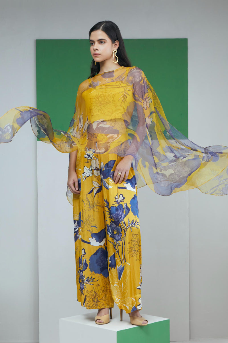 Yellow Bloom Printed Organza Cape With Pant Sets