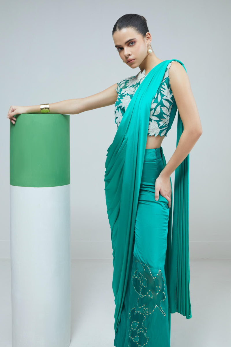 Green Floral Embroidered Top With Drape Saree Set