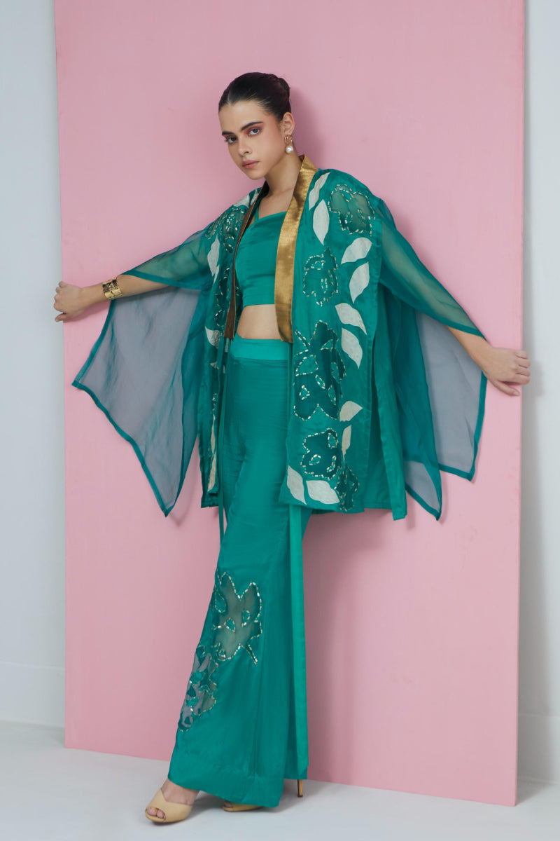 Green Gold Lapel Cape With Pant
