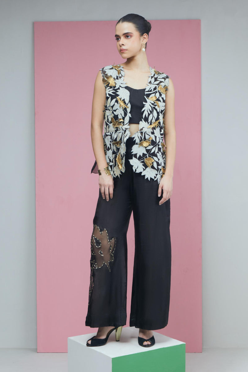 Black Zari Floral Applique Organza Jacket With Bustier And Sheer Applique Pants