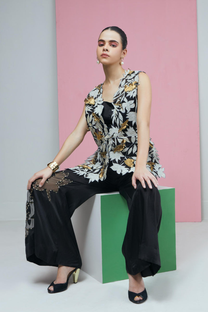 Black Zari Floral Applique Organza Jacket With Bustier And Sheer Applique Pants