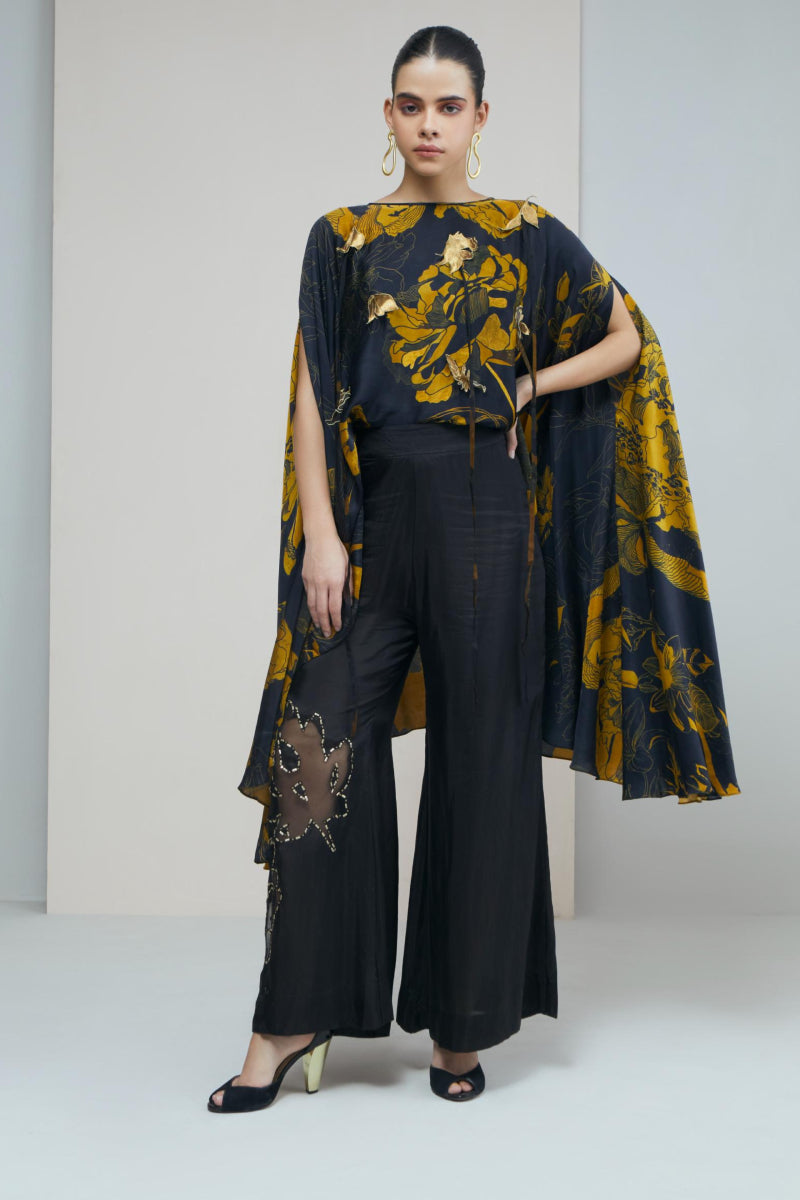 Black Gold Bloom Printed Cape Withs Pants