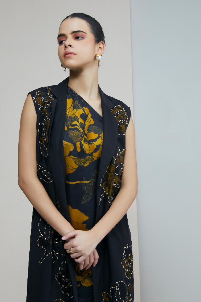 Black Applique Jacket With Printed One Shoulder Dress