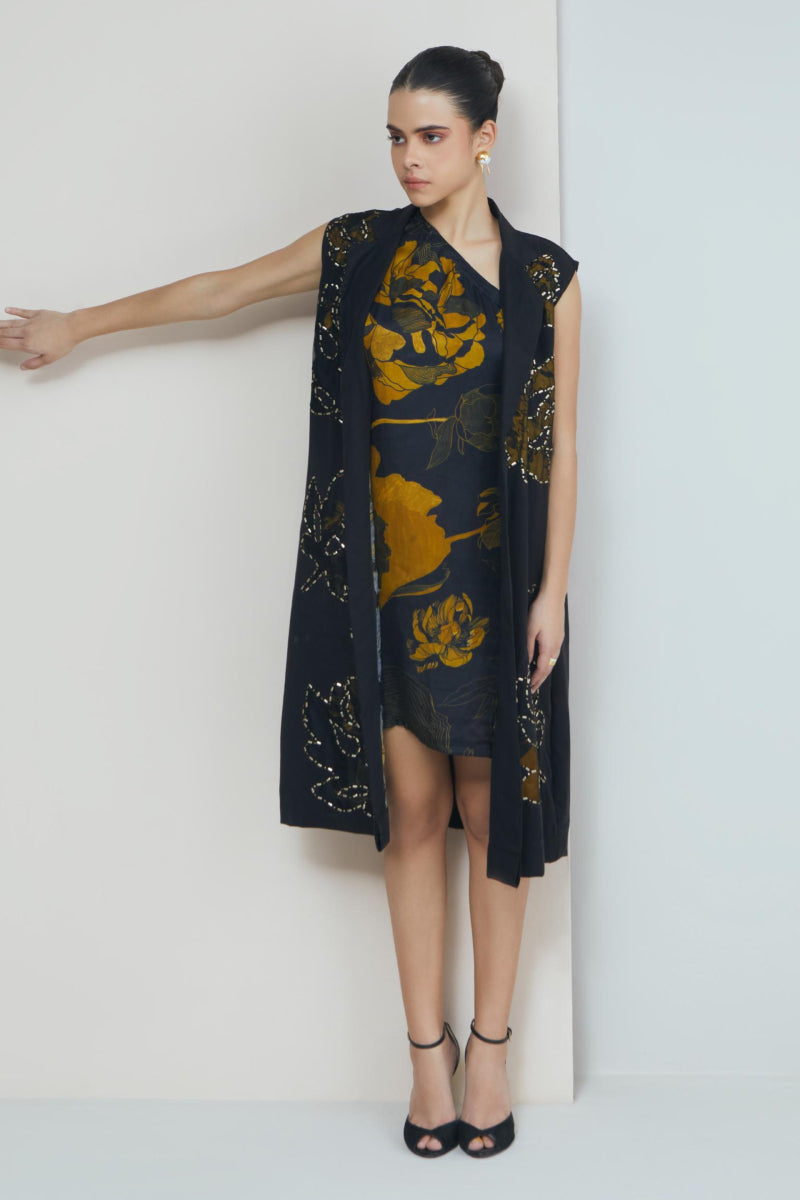 Black Applique Jacket With Printed One Shoulder Dress