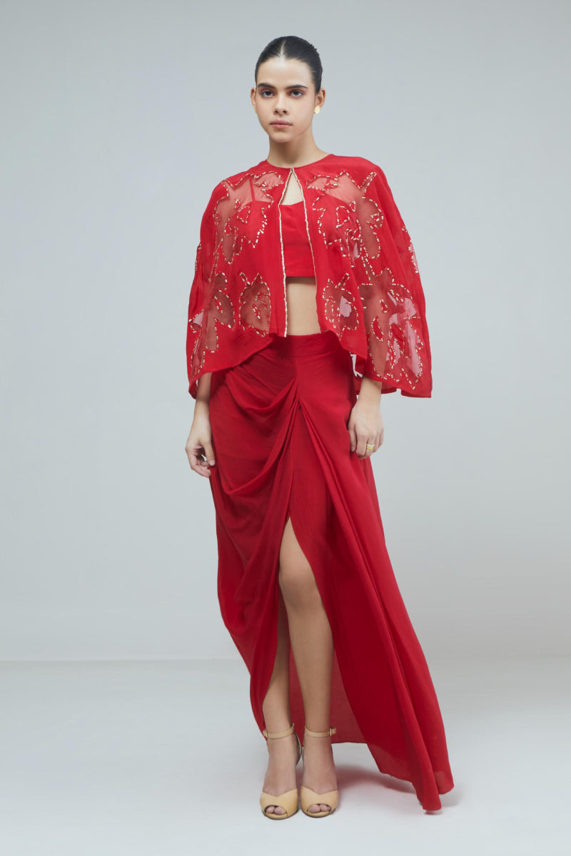 Red Sheer Applique Cape With Slit Skirt Set