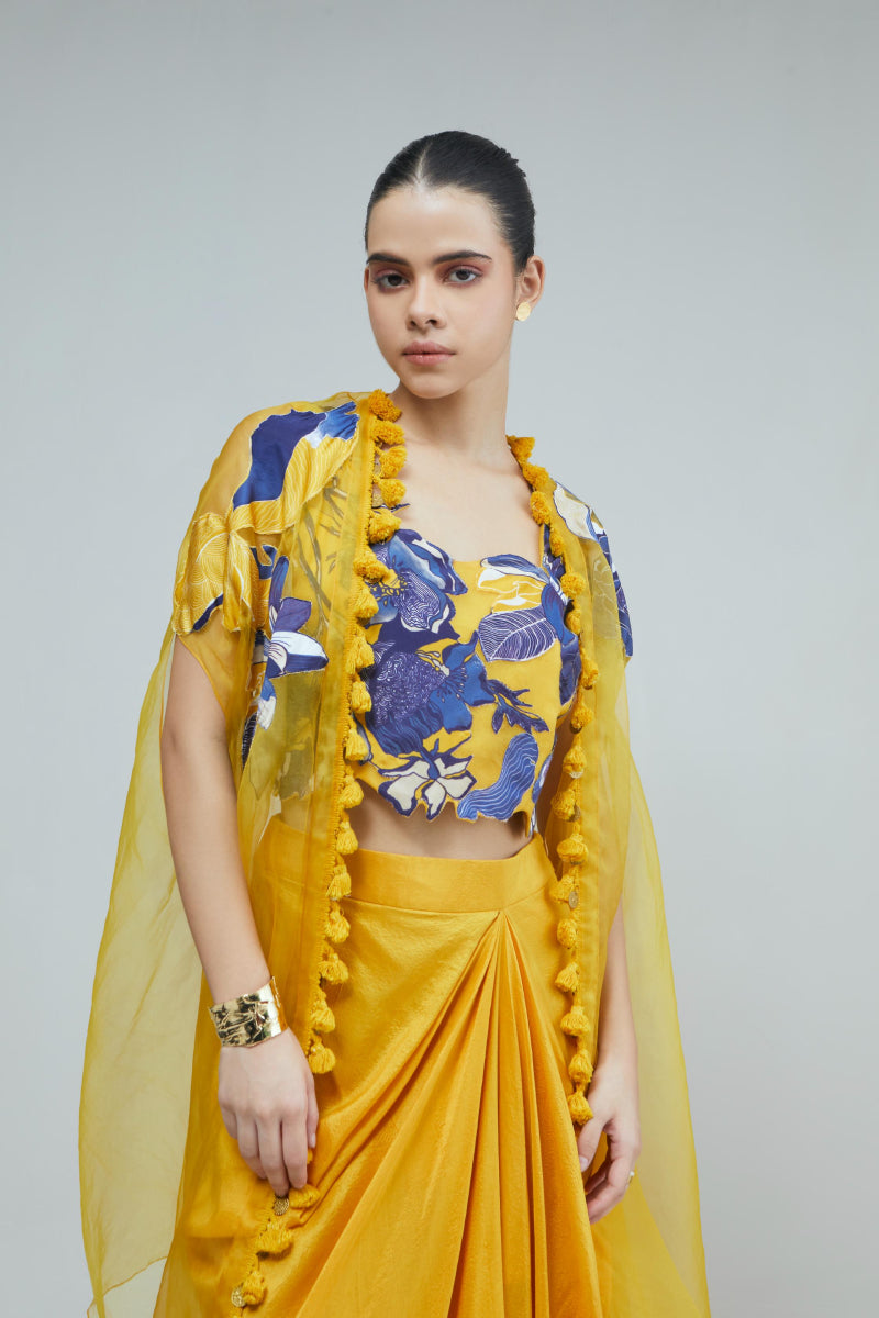 Yellow Organza Applique Crop Top With Skirt And Organza Cape Set