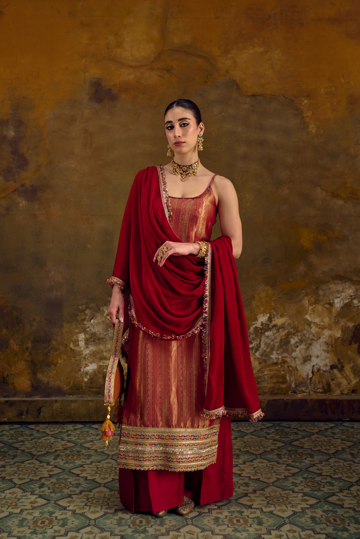 Naad Sindur - Red Spaghetti Kurta Set with Palazzo and Dupatta