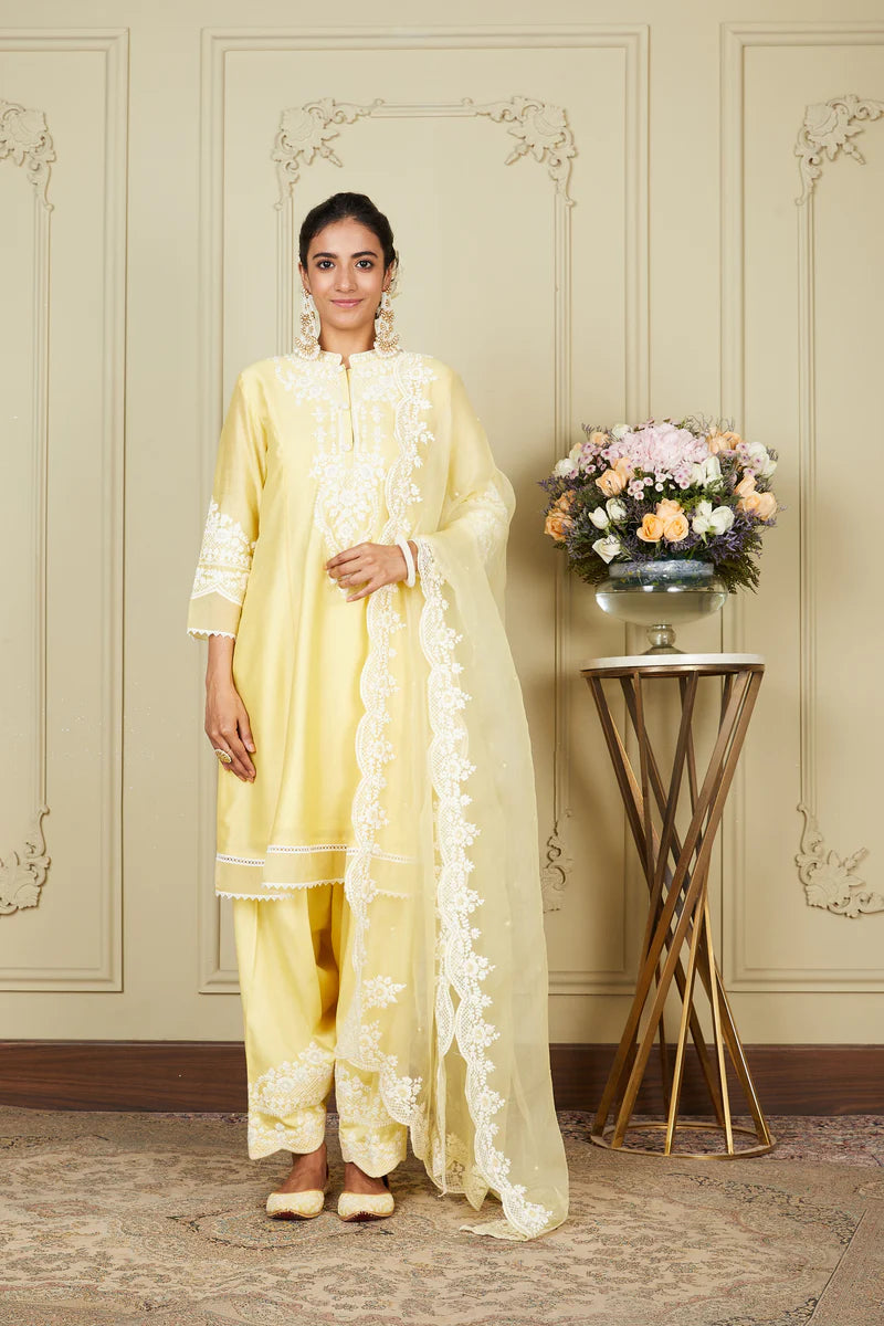 Ruzena Lemon Yellow A Line Short Kurta With Salwar And Dupatta