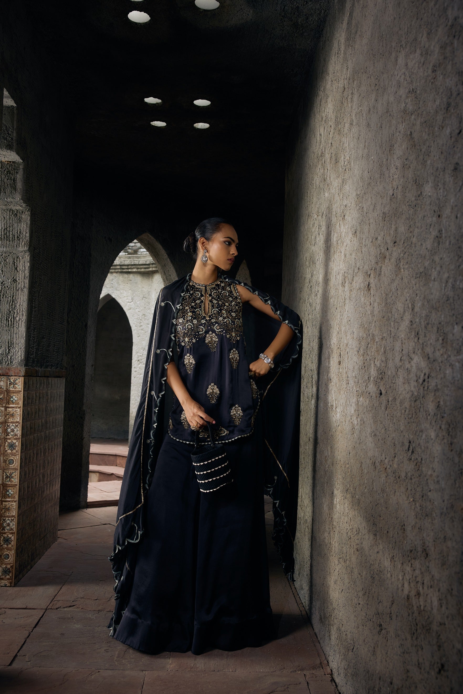 The Eternal Rich Black Halter Style Kurta & Sharara Set.