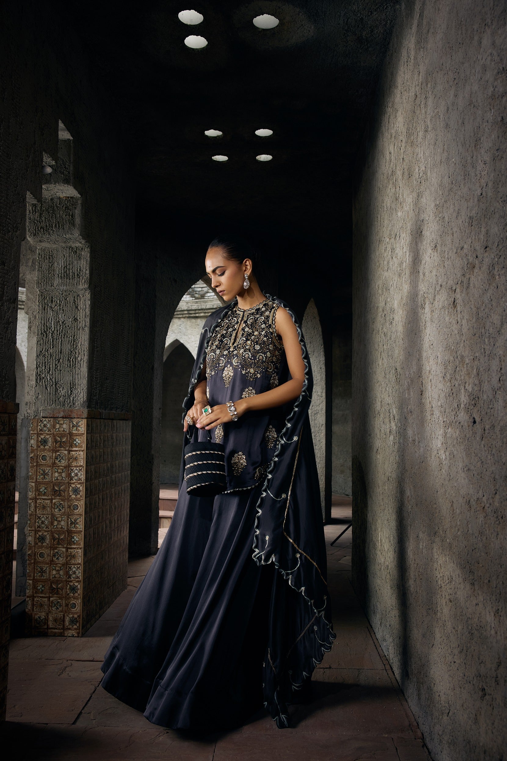 The Eternal Rich Black Halter Style Kurta & Sharara Set.