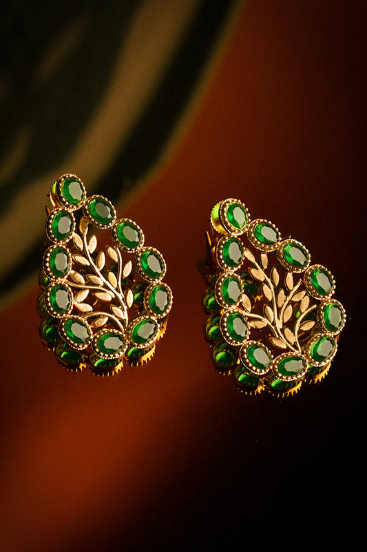 Gold Drop Foliage Earrings With Green Crystals