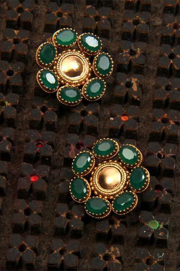 Gold Toned Circle Stud Earrings With Green Crystals