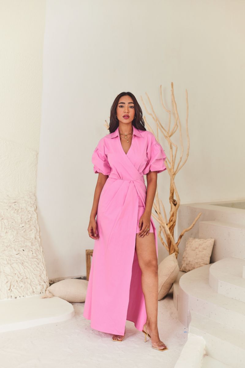 Pink Poplin Slit Maxi Dress