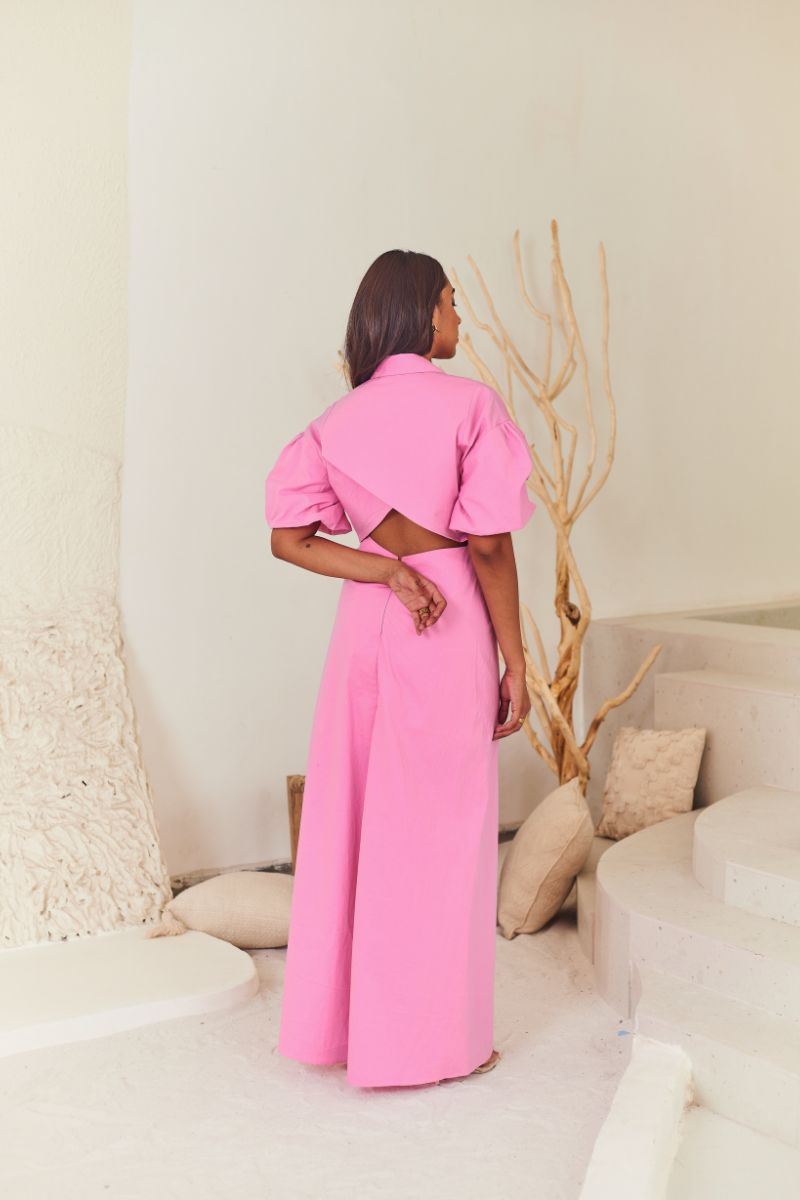 Pink Poplin Slit Maxi Dress