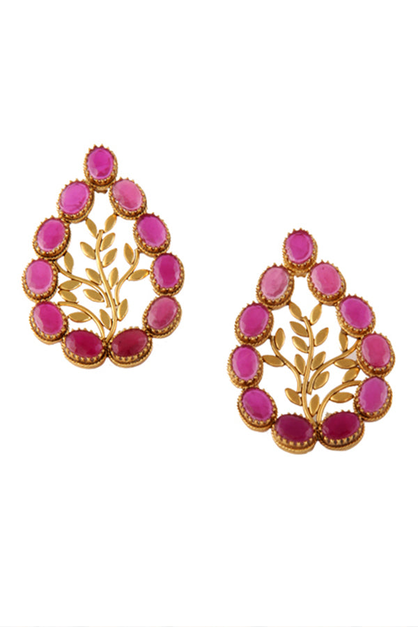 Gold Drop Shaped Stud Earrings With Coloured Crystals