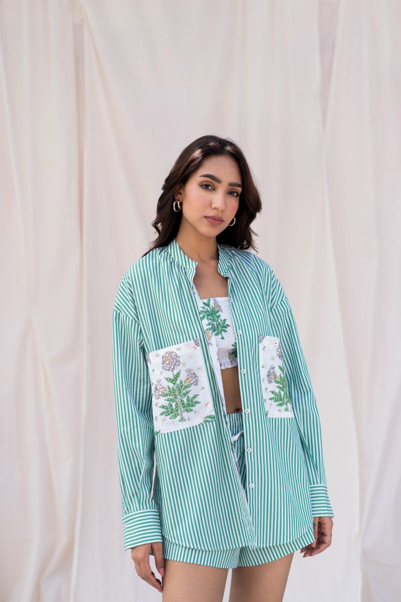 Green Striped Embroidered Shirt & Shorts Set