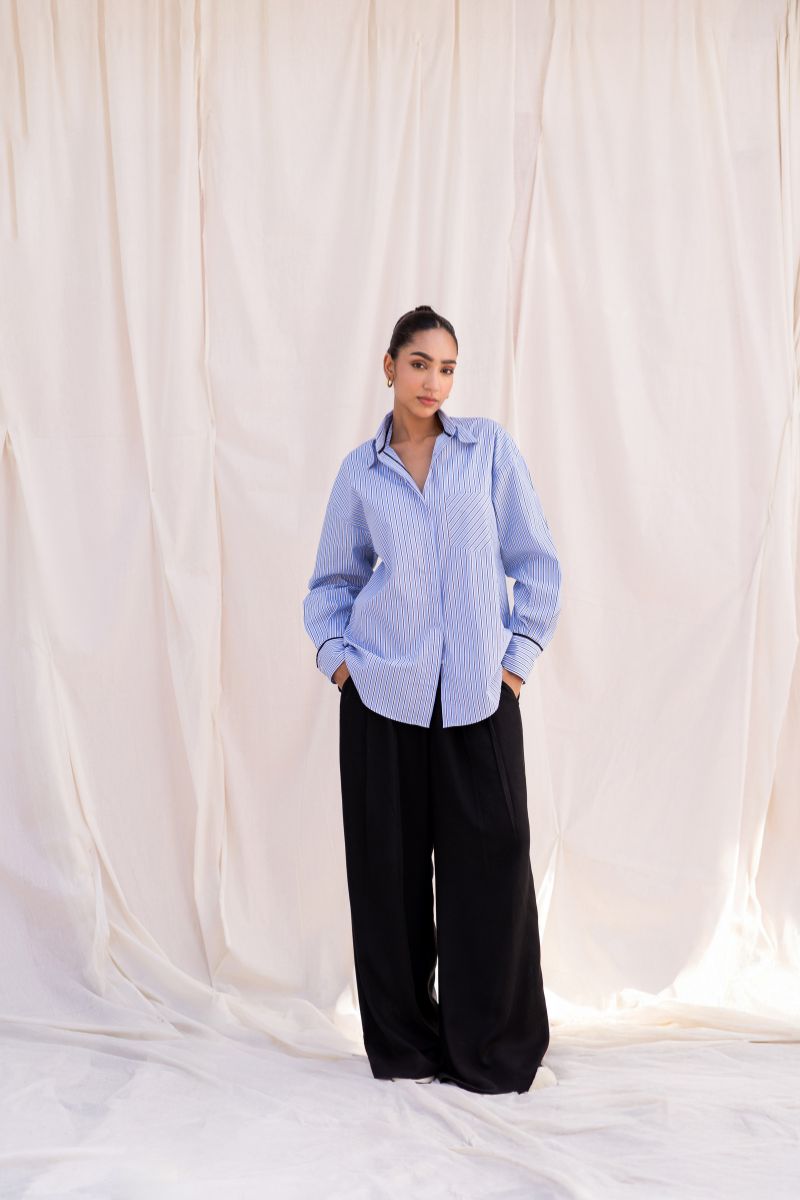 Blue Oversized Shirt & Black Trouser Set