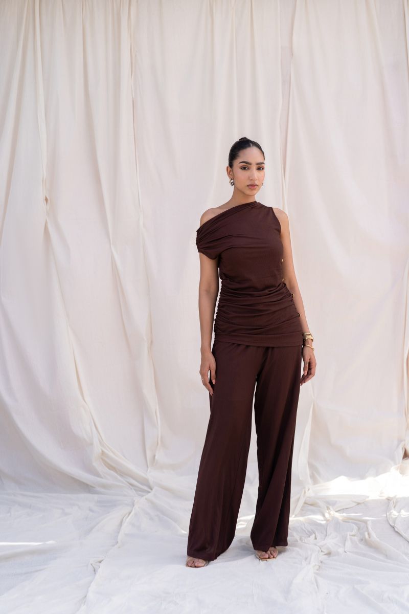 Brown Ribbed Top & Pants Set