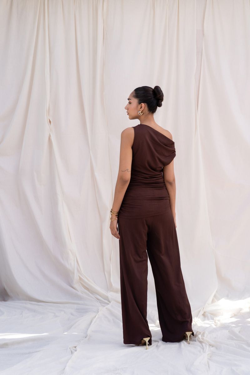 Brown Ribbed Top & Pants Set