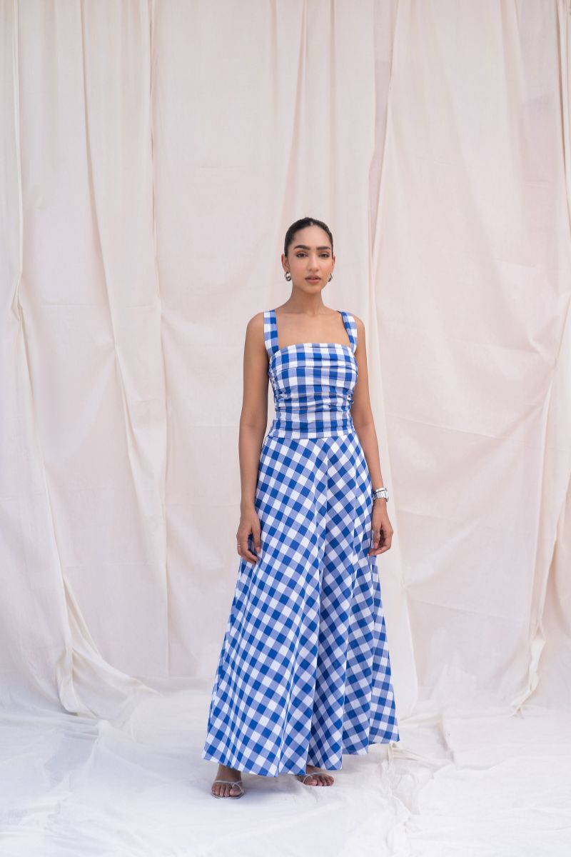 Blue Checks Fit & Flare Maxi Dress