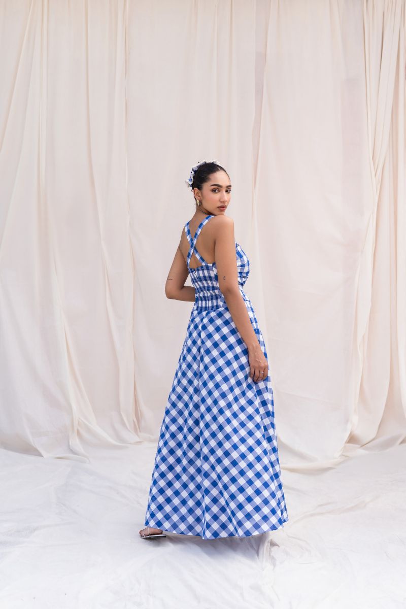 Blue Checks Fit & Flare Maxi Dress