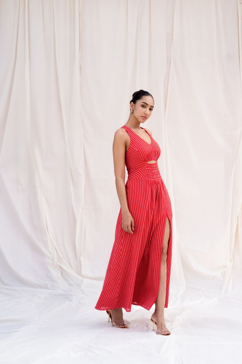 Red Striped Cut-Out Maxi Dress with Slit