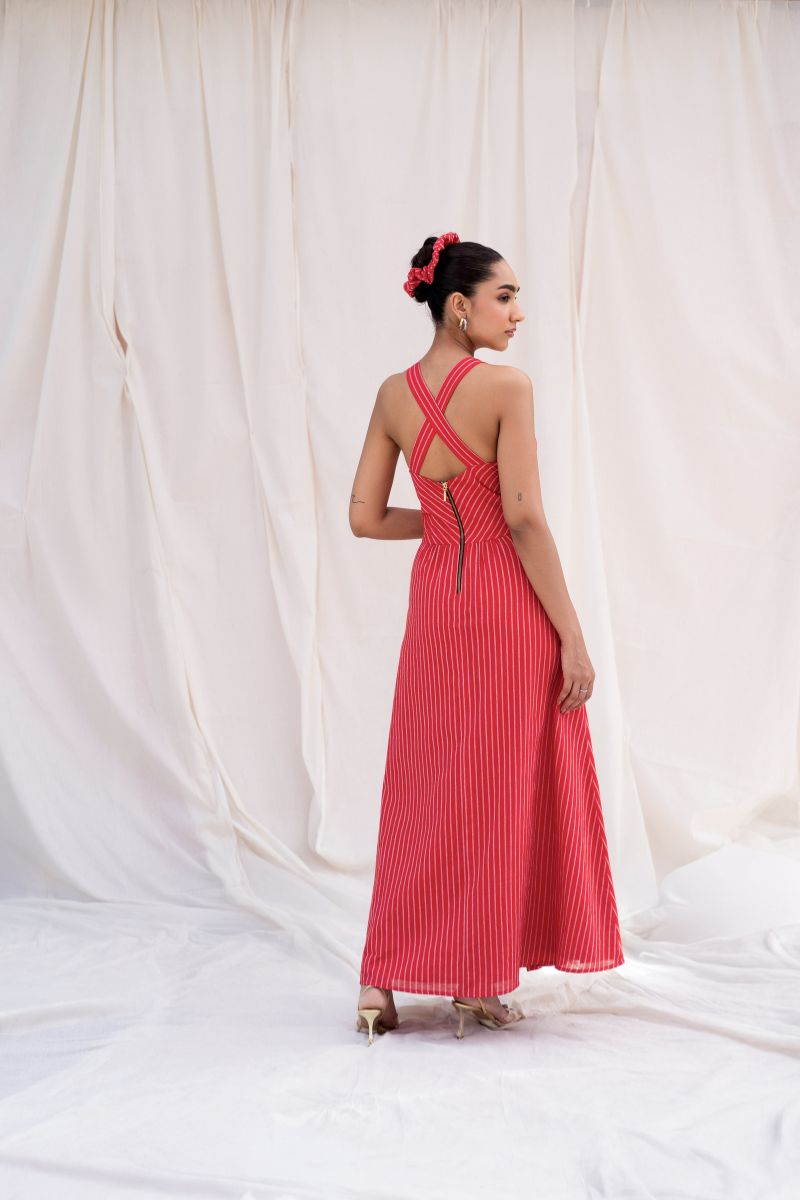 Red Striped Cut-Out Maxi Dress with Slit