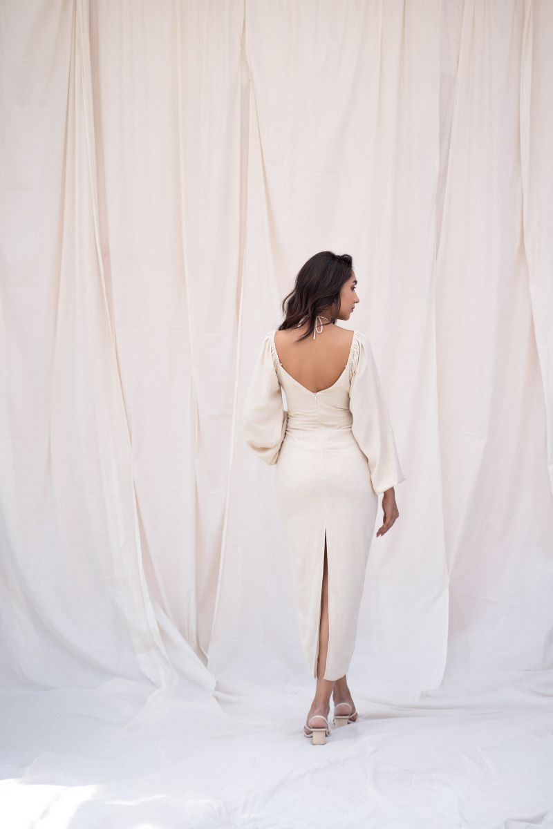 Beige Linen Pleated Midi Dress