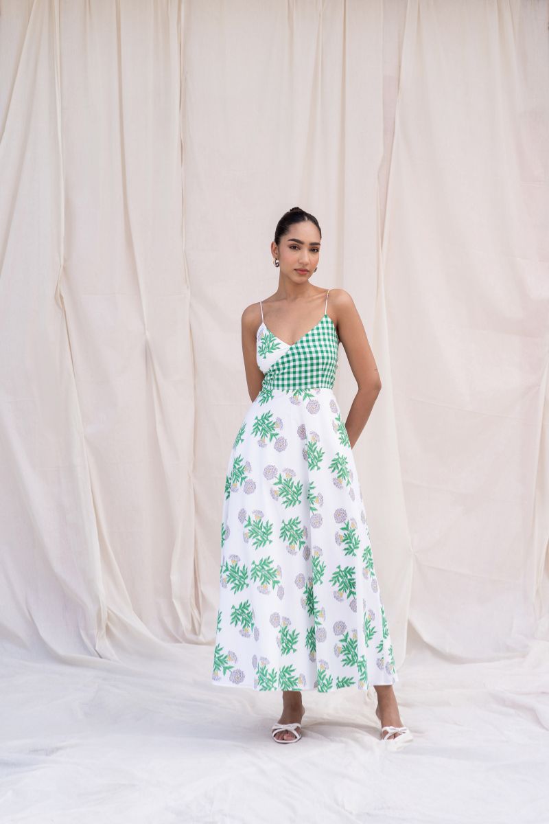 Green Tropical Cotton Midi Dress