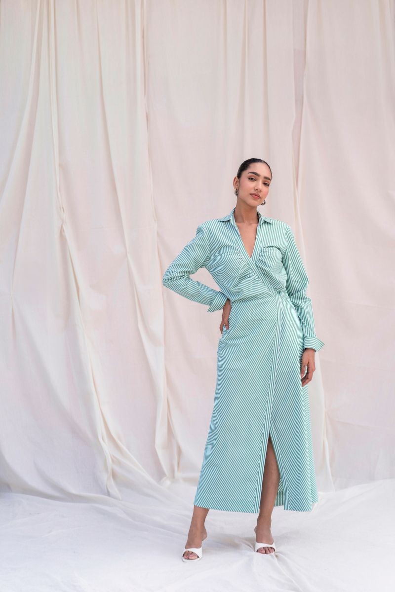 Green Striped Cotton Shirt Dress