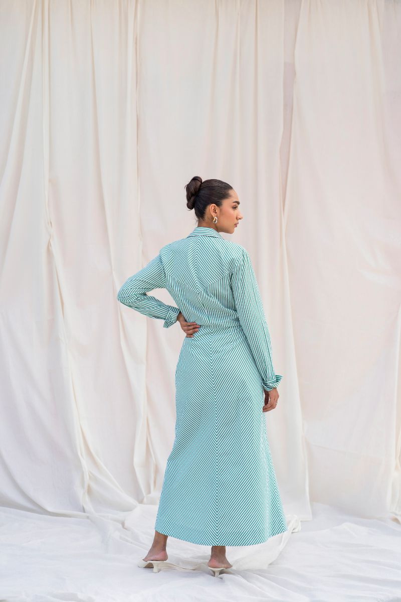 Green Striped Cotton Shirt Dress